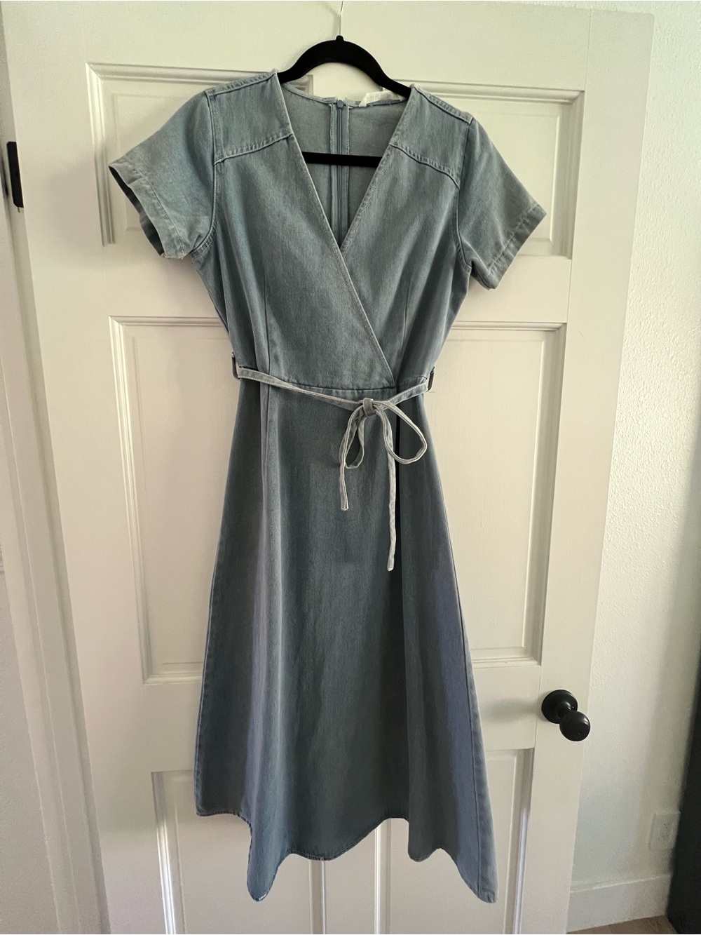 Light Blue Jean Wrap Midi Dress with Tie Waist